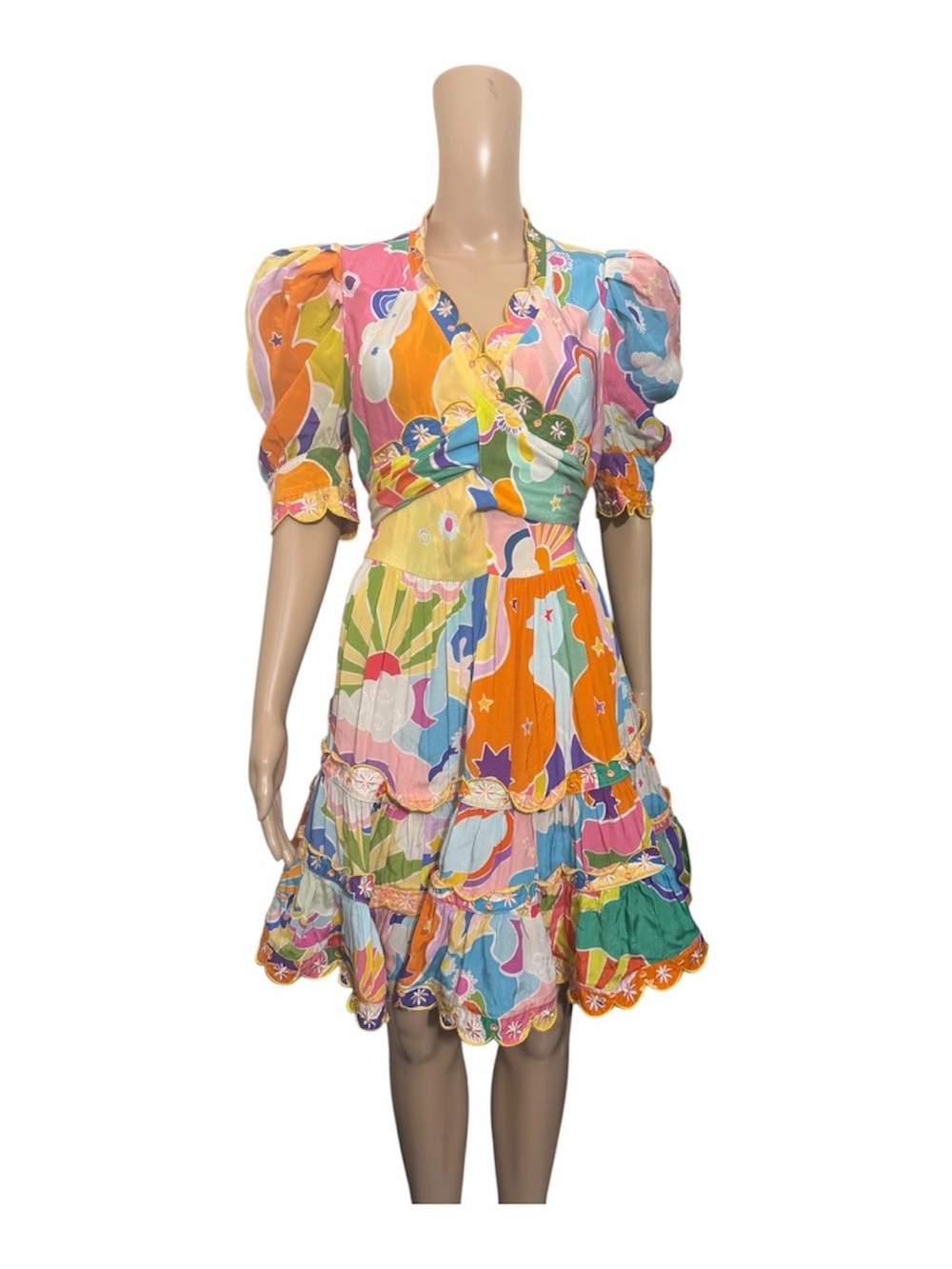 Celia B Rainbow Dreamscape Puff Sleeve Tiered Mini Dress Multicolor Boho Size s